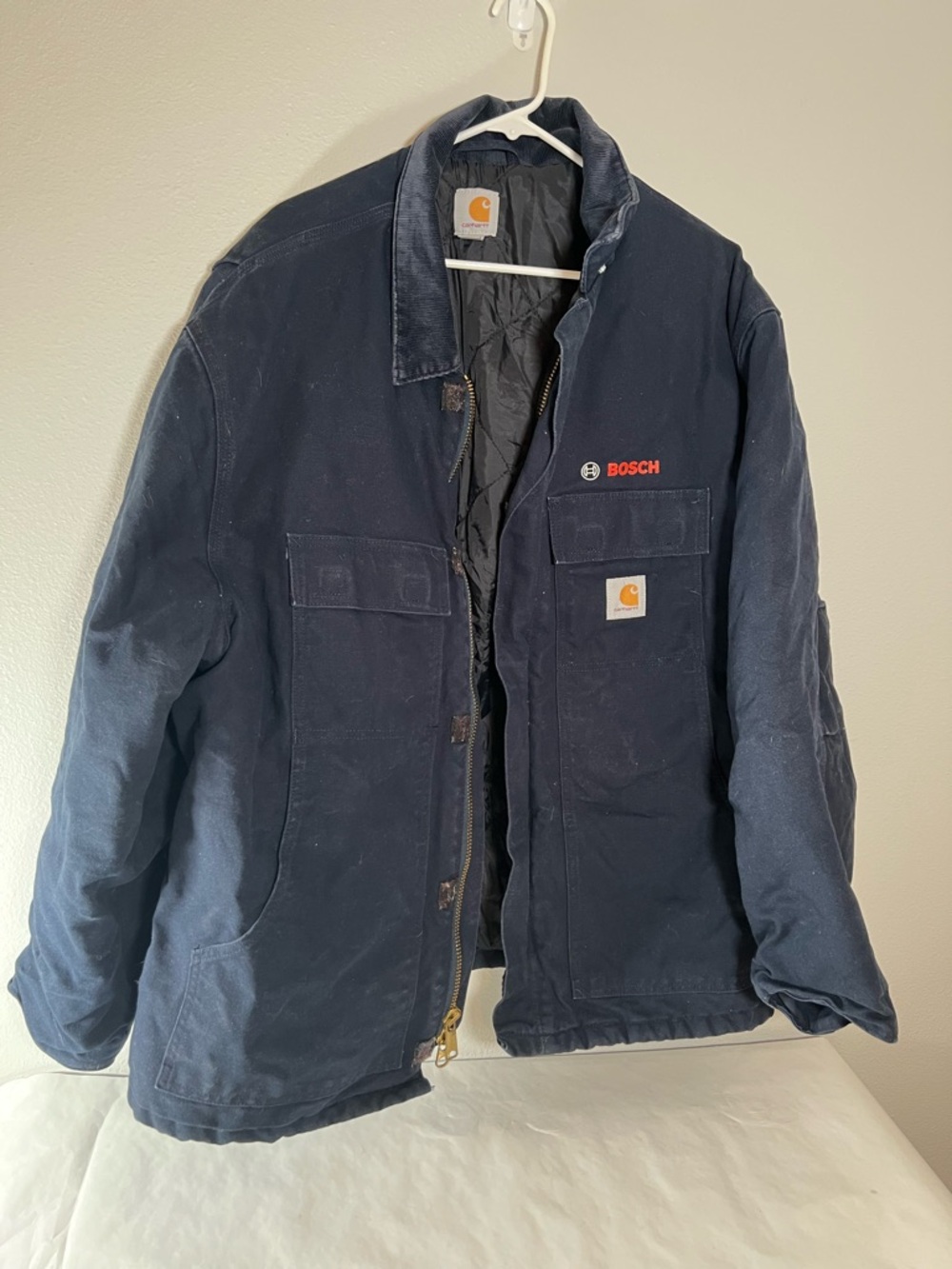 Carhartt Navy Quilted‎ Work Jacket with Bosch Patch